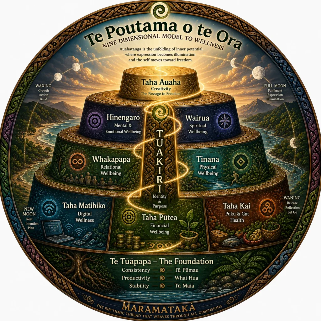 Te Poutama o te Ora nine-dimensional wellbeing model with the Maramataka